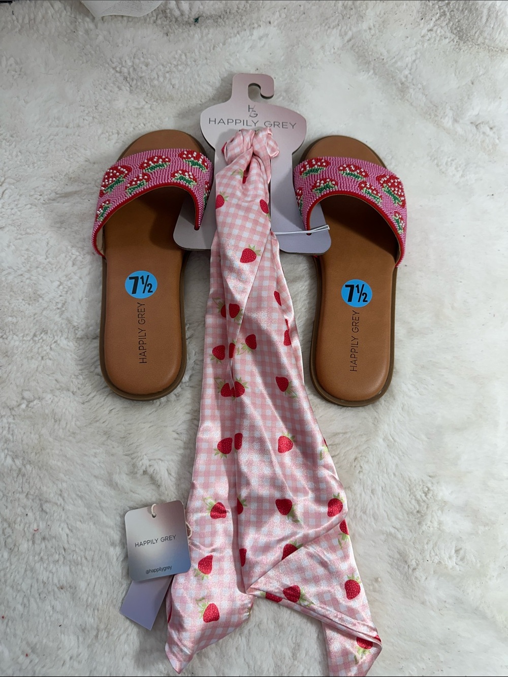 Happily Grey beaded strawberry sandals with matching har scarf